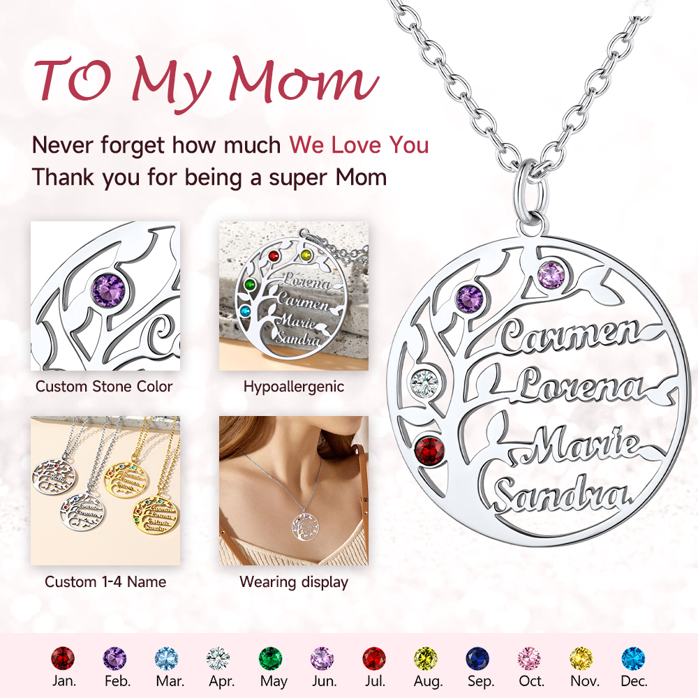 Collier Arbre de Vie Personnalisé avec Pierres de Naissance cadeau pour maman