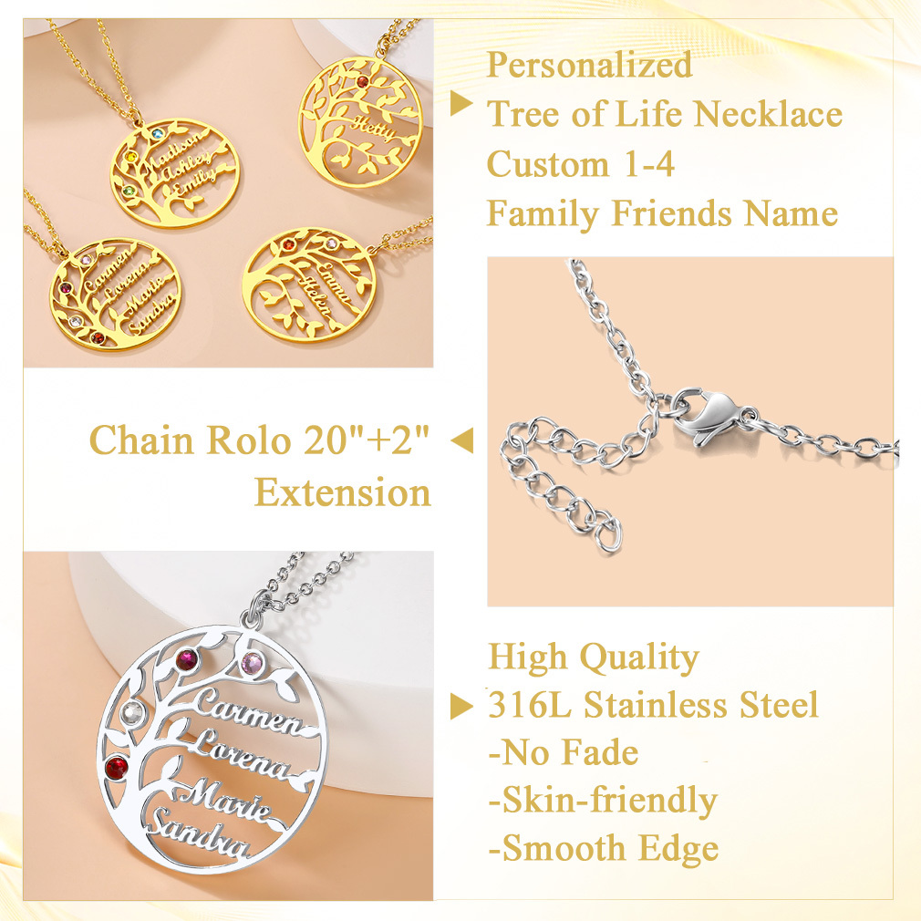 Collier Arbre de Vie Personnalisé avec Pierres de Naissance et Gravure