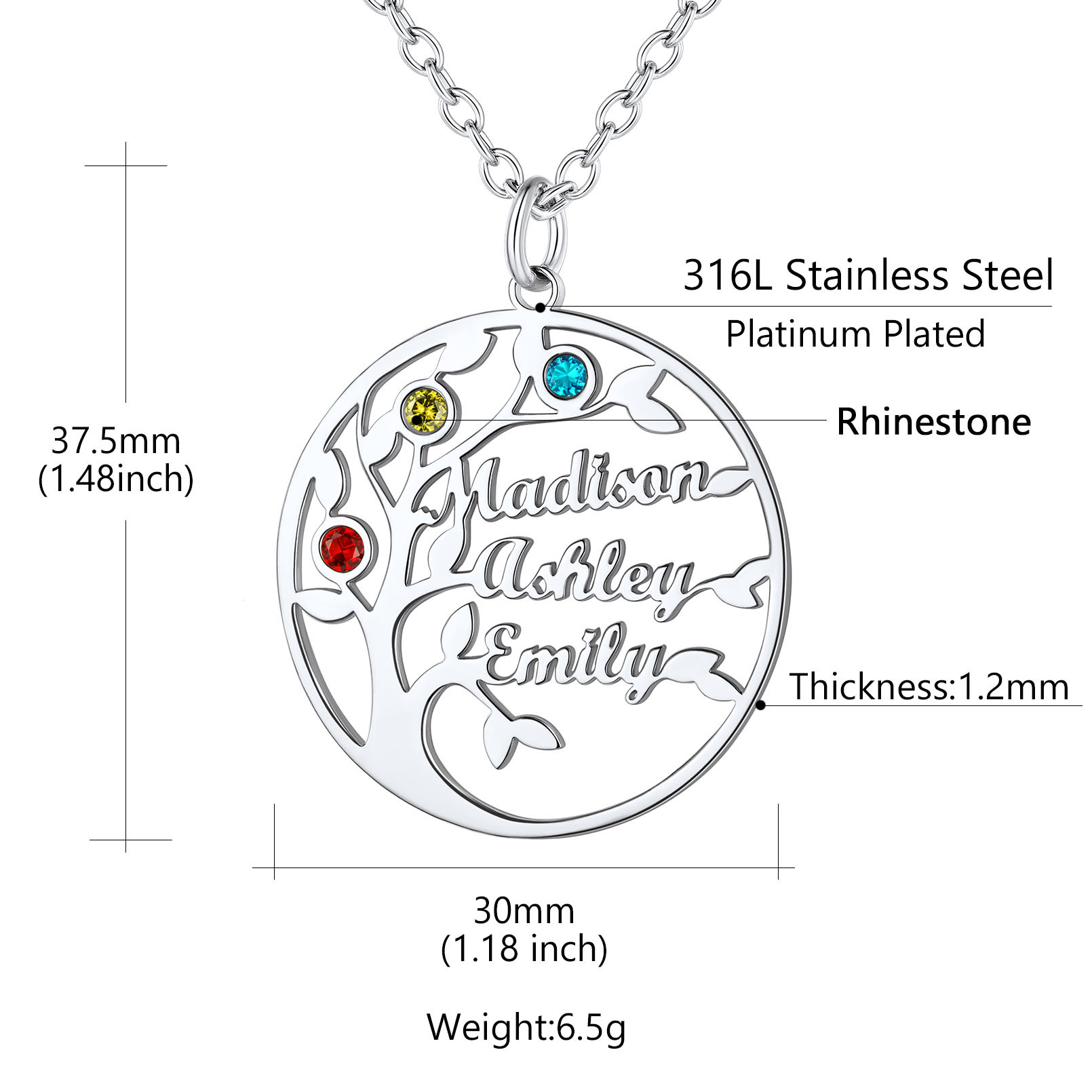 Collier Arbre de Vie Personnalisé avec Pierres de Naissance et Noms Taille