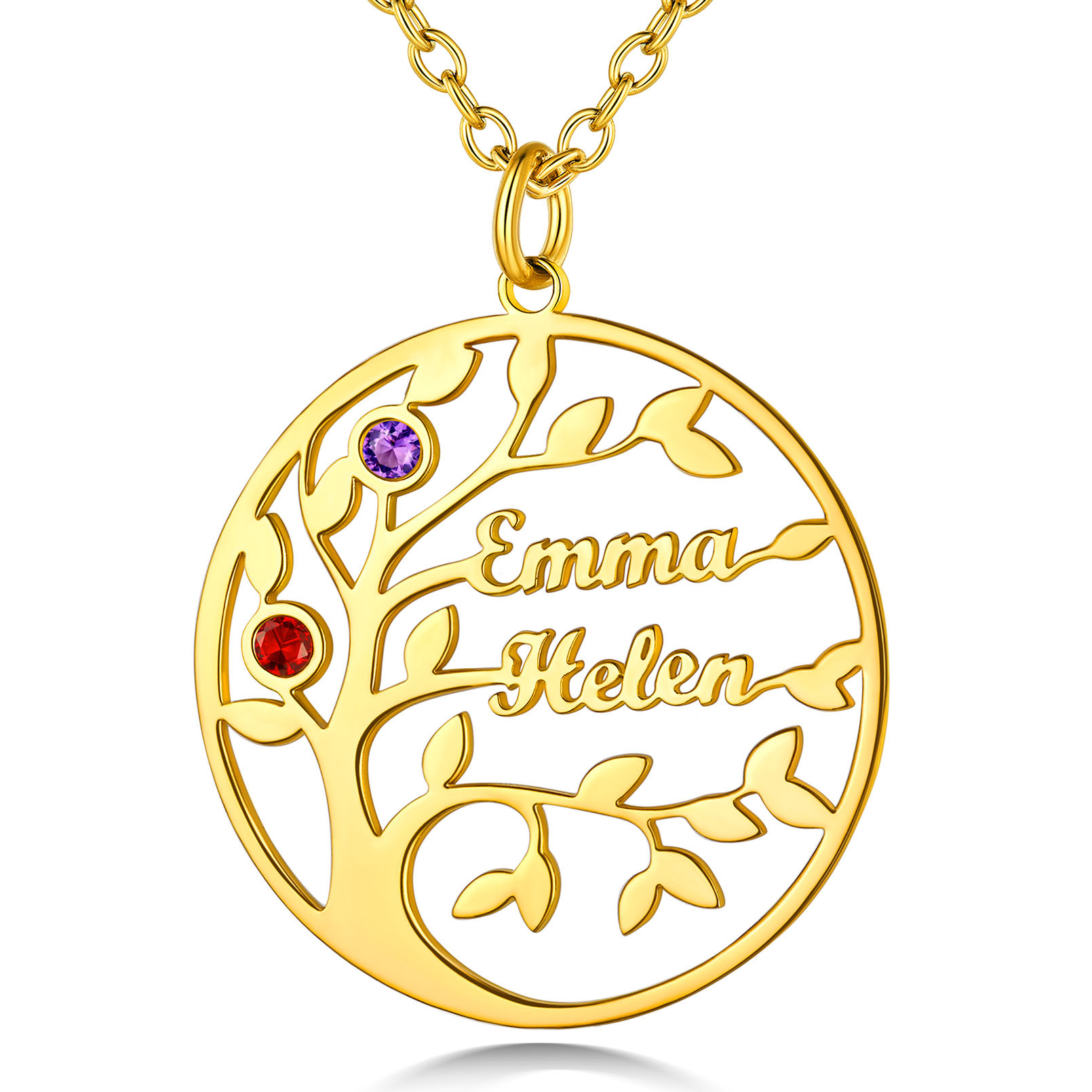 Collier Arbre de Vie Personnalisé avec  2 Pierres de Naissance et Noms Or