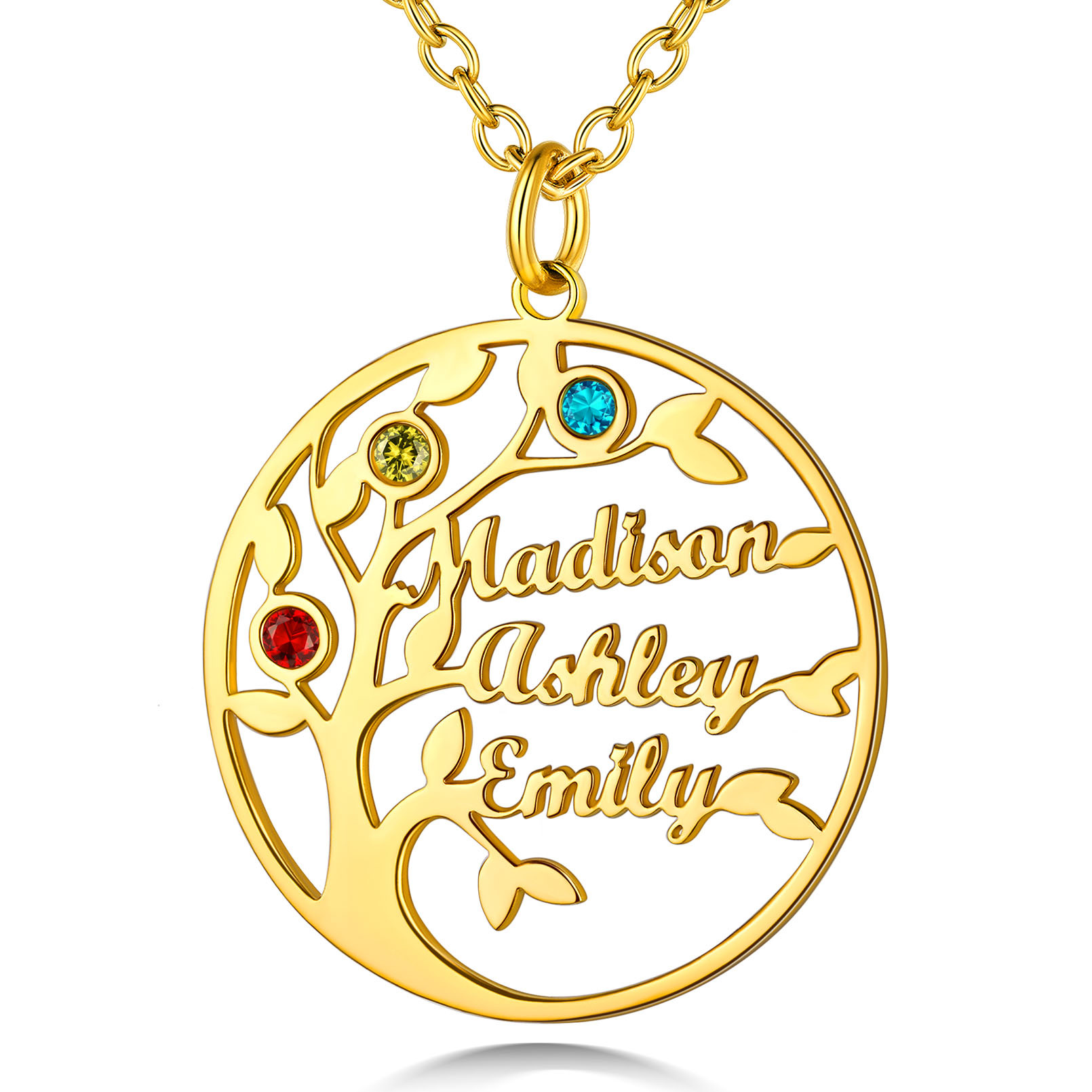Collier Arbre de Vie Personnalisé avec 3 Pierres de Naissance et Noms Or