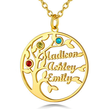 Collier Arbre de Vie Personnalisé avec 3 Pierres de Naissance et Noms Or