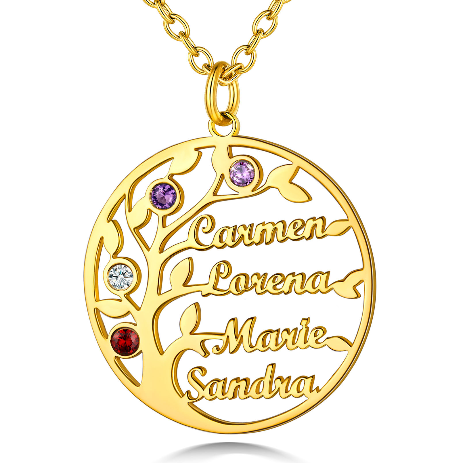 Collier Arbre de Vie Personnalisé avec 4 Pierres de Naissance et Noms Or