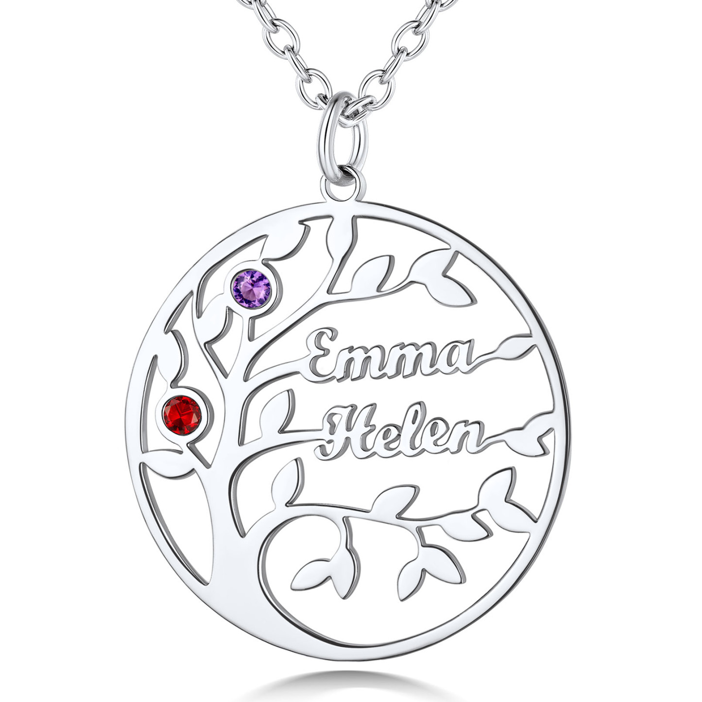 Collier Arbre de Vie Personnalisé avec 2 Pierres de Naissance et Noms Argenté