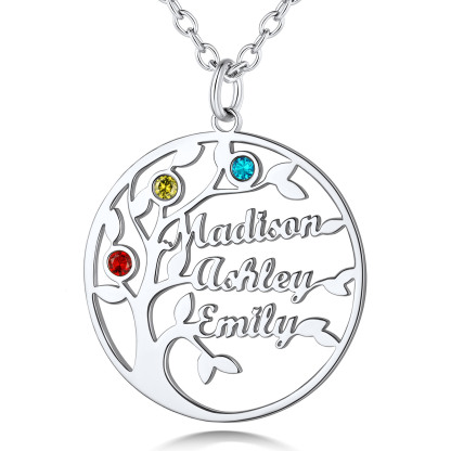Collier Arbre de Vie Personnalisé avec Pierres de Naissance et Noms Argenté