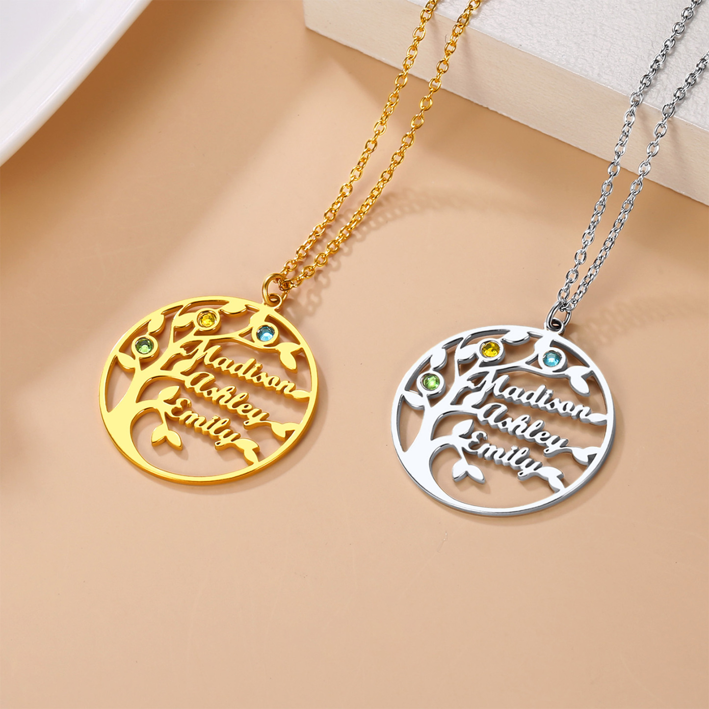 Collier Arbre de Vie Personnalisé avec Pierres de Naissance 2 couleurs