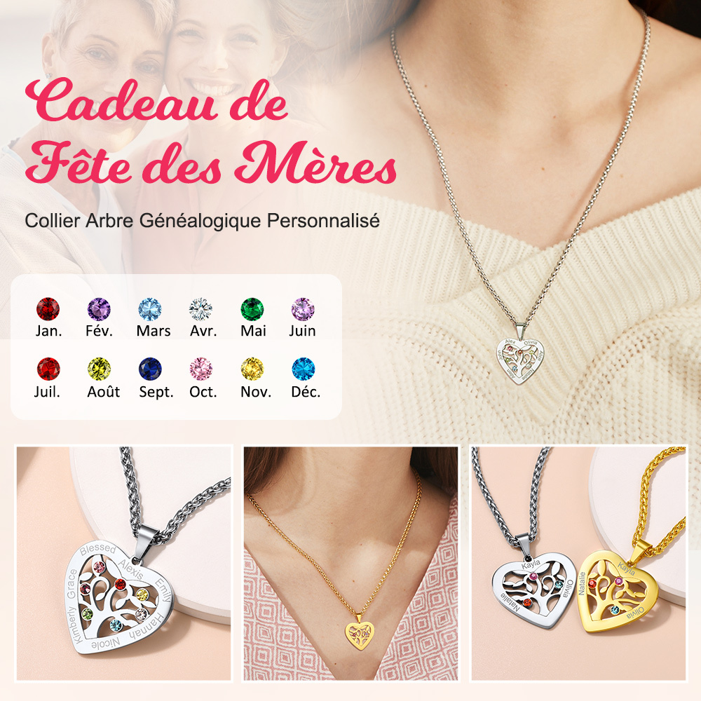 Collier Arbre de Vie avec 2 à 7 Pierres de Naissance Cadeau pour Maman