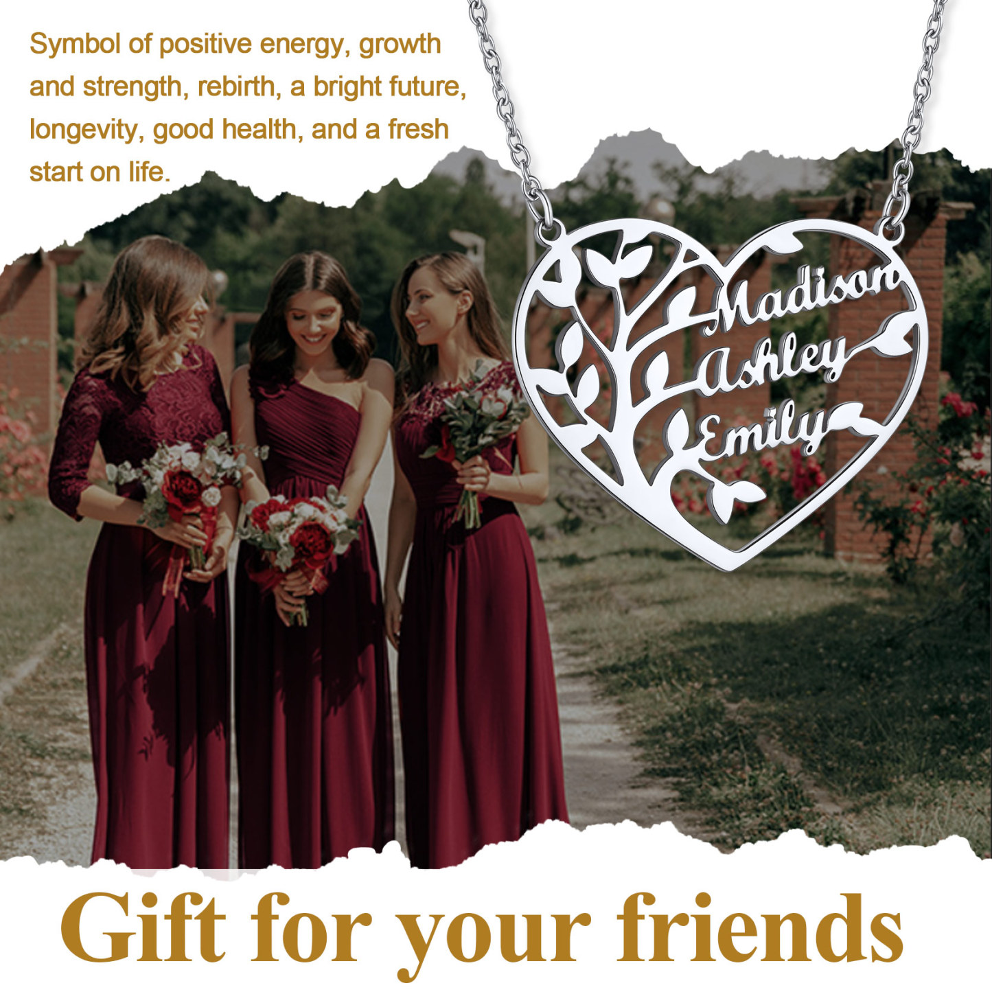 Collier Arbre de Vie en Coeur Personnalisé avec 1 à 4 Prénoms cadeau pour amie