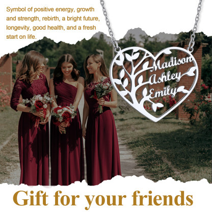 Collier Arbre de Vie en Coeur Personnalisé avec 1 à 4 Prénoms cadeau pour amie