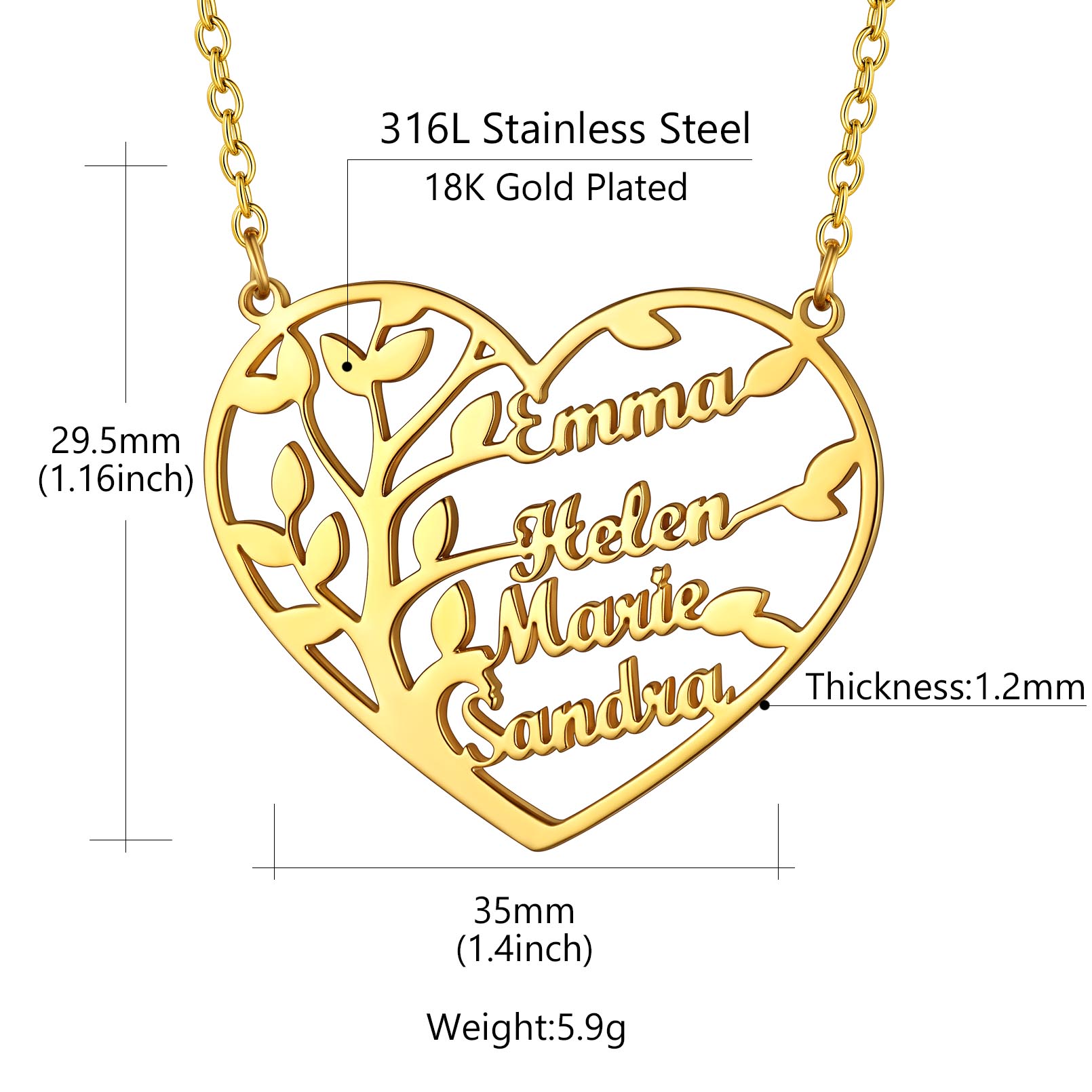 Collier Arbre de Vie en Coeur Personnalisé avec 1 à 4 Prénoms or