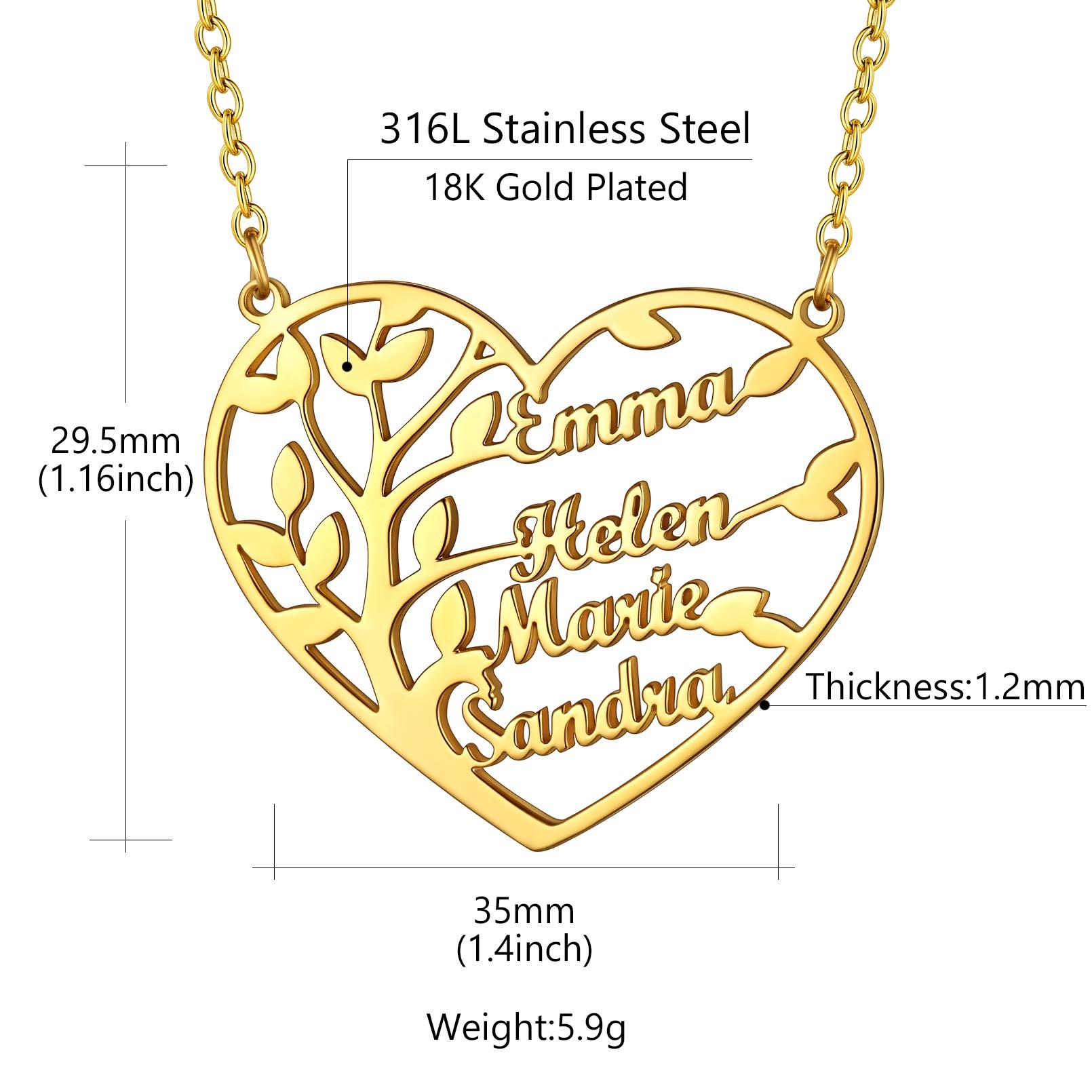 Collier Arbre de Vie en Coeur Personnalisé avec 1 à 4 Prénoms or