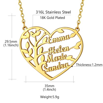 Collier Arbre de Vie en Coeur Personnalisé avec 1 à 4 Prénoms or