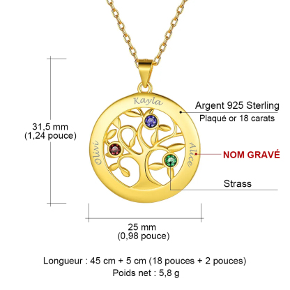 Collier Arbre de vie Personnalisé avec Noms et Pierres de Naissance pour Maman taille