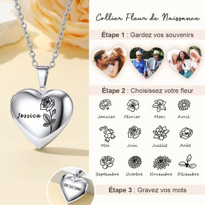 Collier Cœur Fleur de Naissance Personnalisé Femme