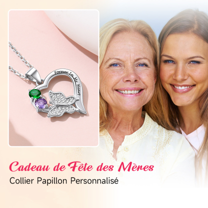Collier Cœur Papillon avec Pierre de Naissance Personnalisé Cadeau de Fête des Mères