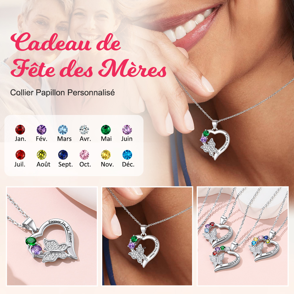 Collier Cœur Papillon avec Pierre de Naissance Personnalisé Cadeau Fête des Mères