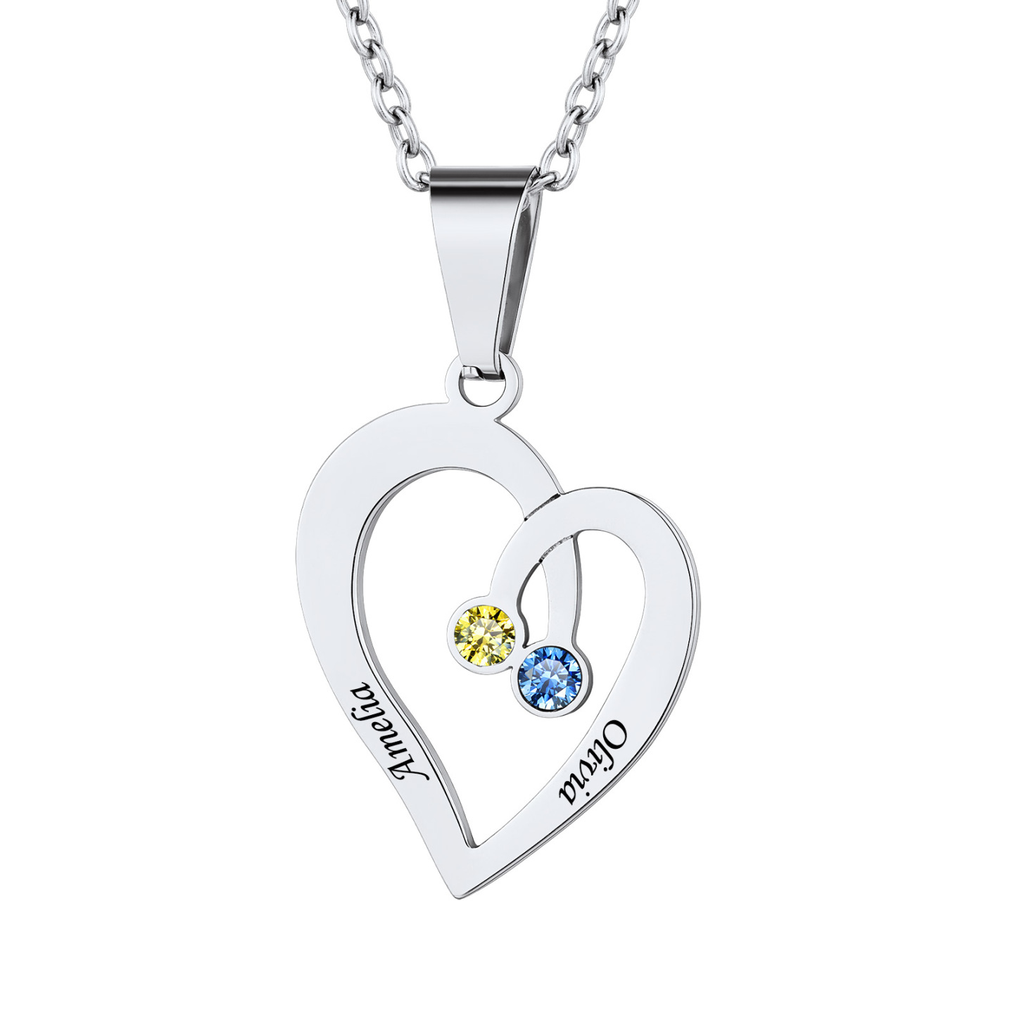 Collier Pendentif Cœur Personnalisé avec Pierres de Naissance Argenté