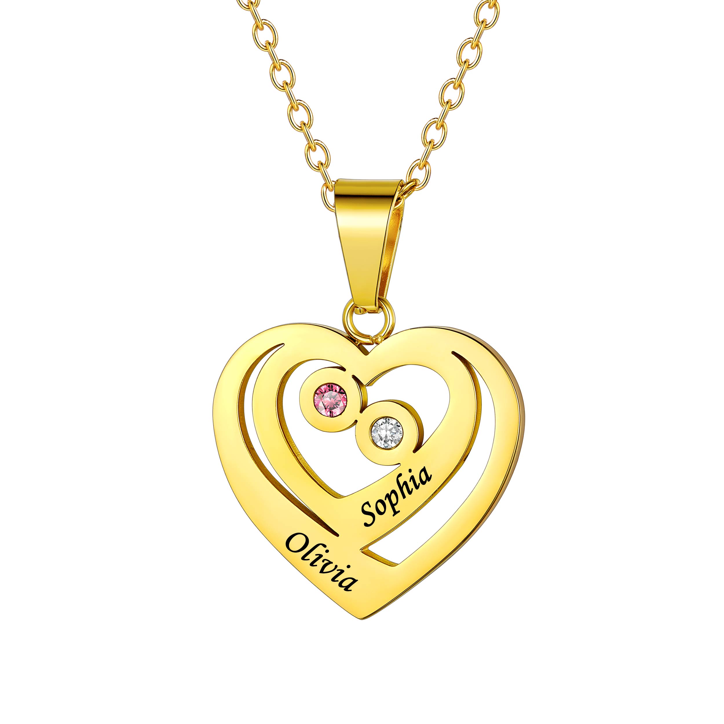 Collier Cœur Personnalisé Prénoms et Pierres de Naissance or