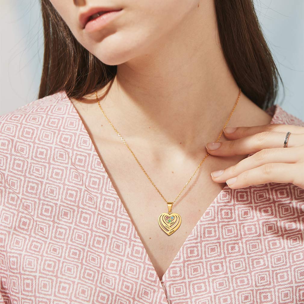 Collier Cœur Personnalisé Prénoms et Pierres de Naissance 