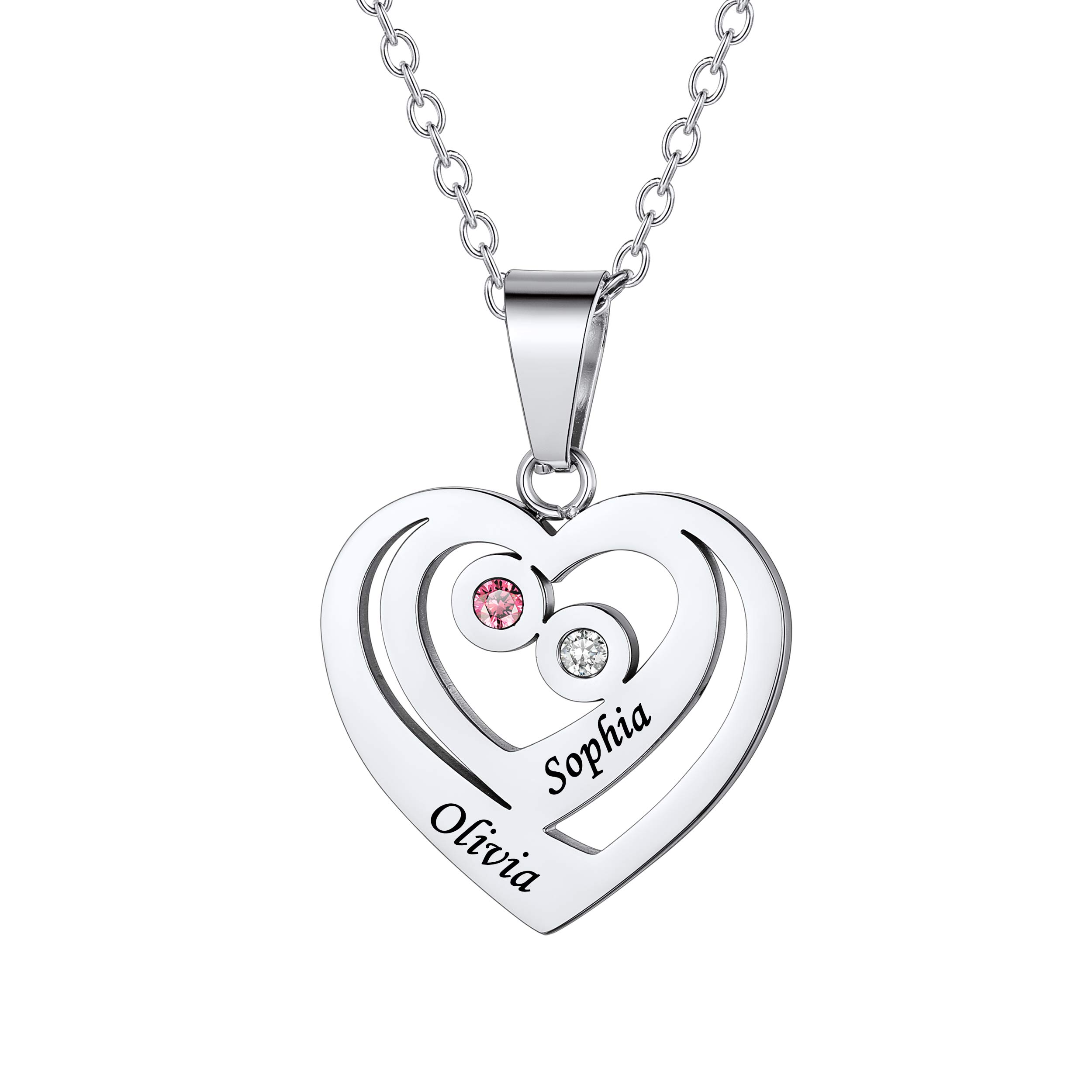 Collier Cœur Personnalisé Prénoms et Pierres de Naissance Argenté