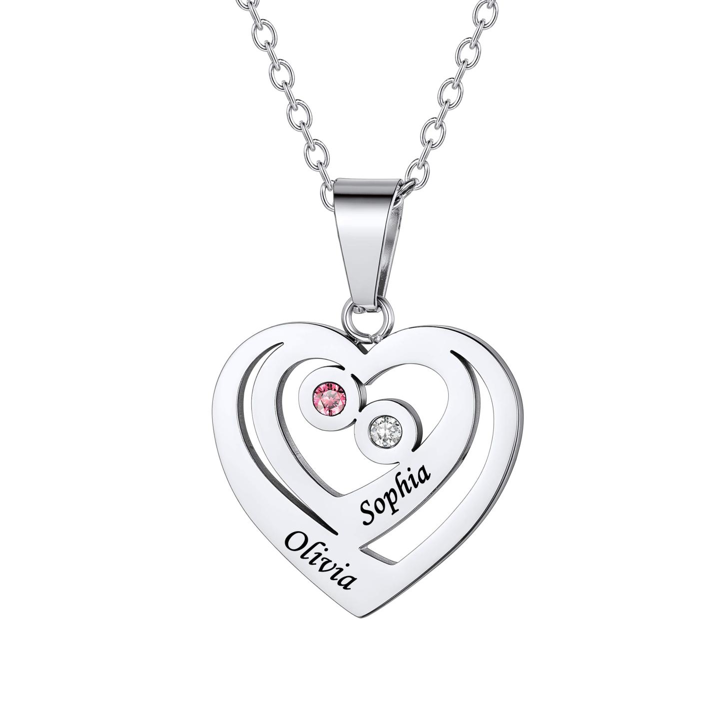 Collier Cœur Personnalisé Prénoms et Pierres de Naissance Argenté