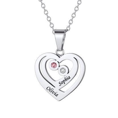 Collier Cœur Personnalisé Prénoms et Pierres de Naissance Argenté