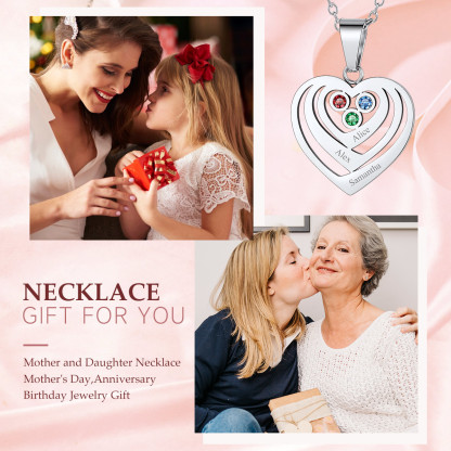 Collier Cœur Personnalisé Prénoms et Pierres de Naissance cadeau pour maman