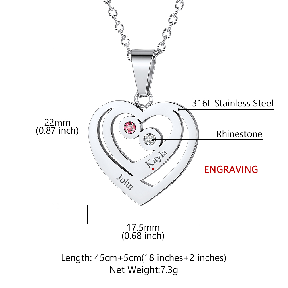 Collier Cœur Personnalisé Prénoms et Pierres de Naissance taille