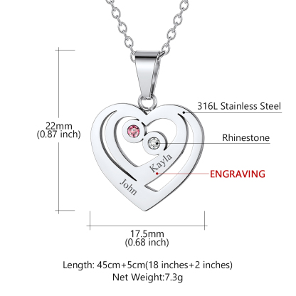 Collier Cœur Personnalisé Prénoms et Pierres de Naissance taille
