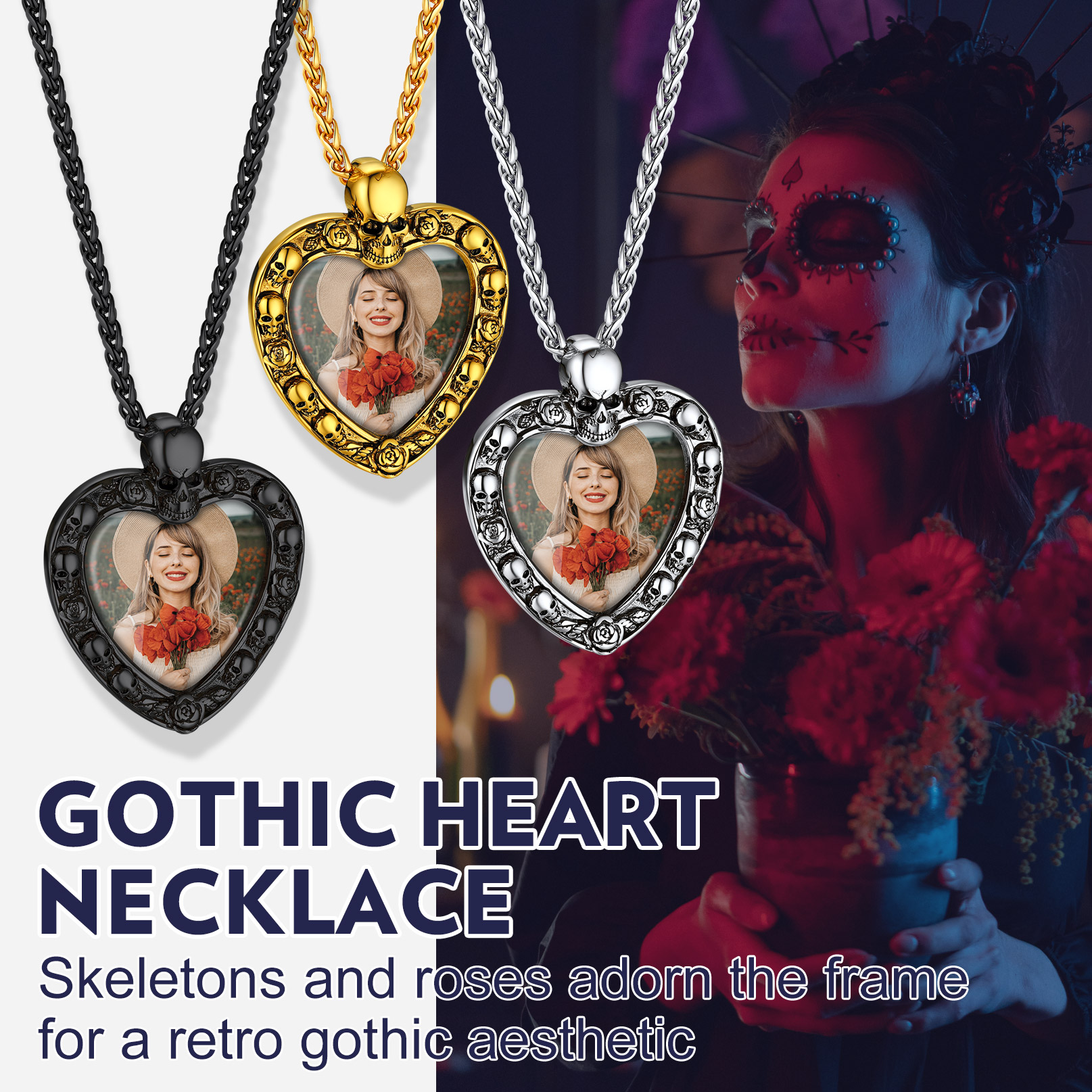 Collier Cœur Photo Crâne Gravé Cadeau Halloween