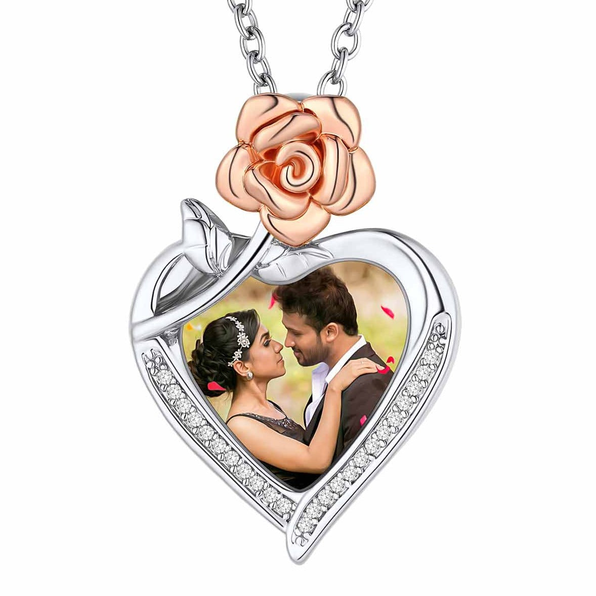 Collier Cœur Rose Gravée avec Photo Personnalisé Argenté