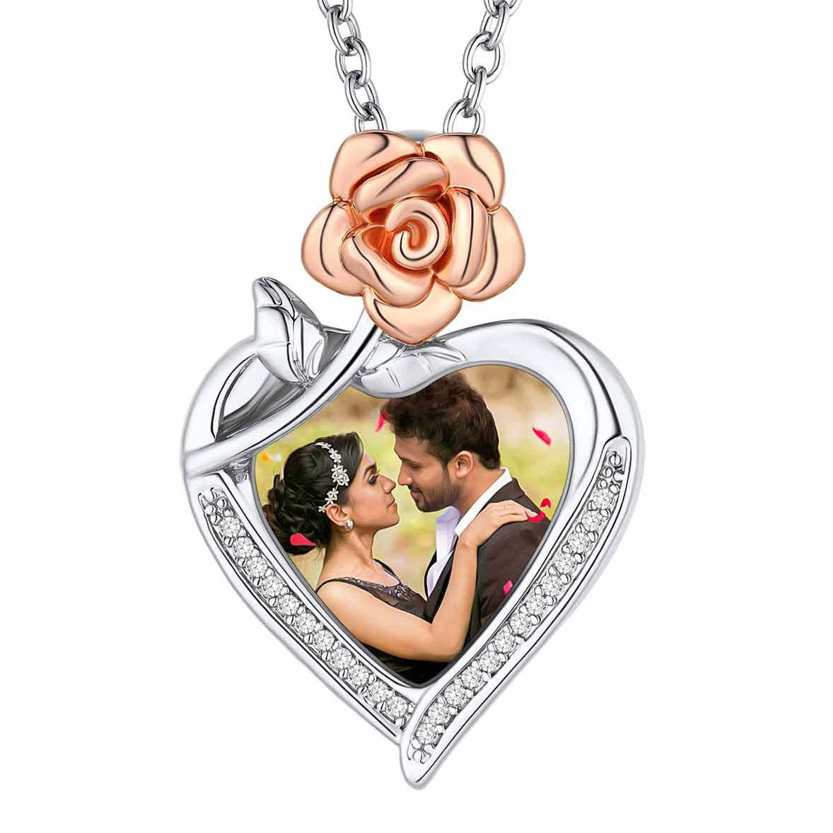 Collier Cœur Rose Gravée avec Photo Personnalisé Argenté