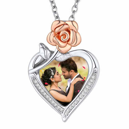 Collier Cœur Rose Gravée avec Photo Personnalisé Argenté
