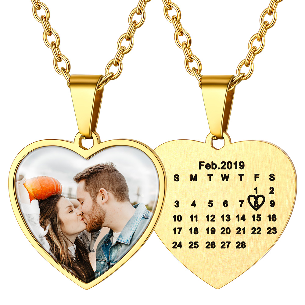 Collier Cœur avec Photo et Calendrier Gravé Personnalisé Or