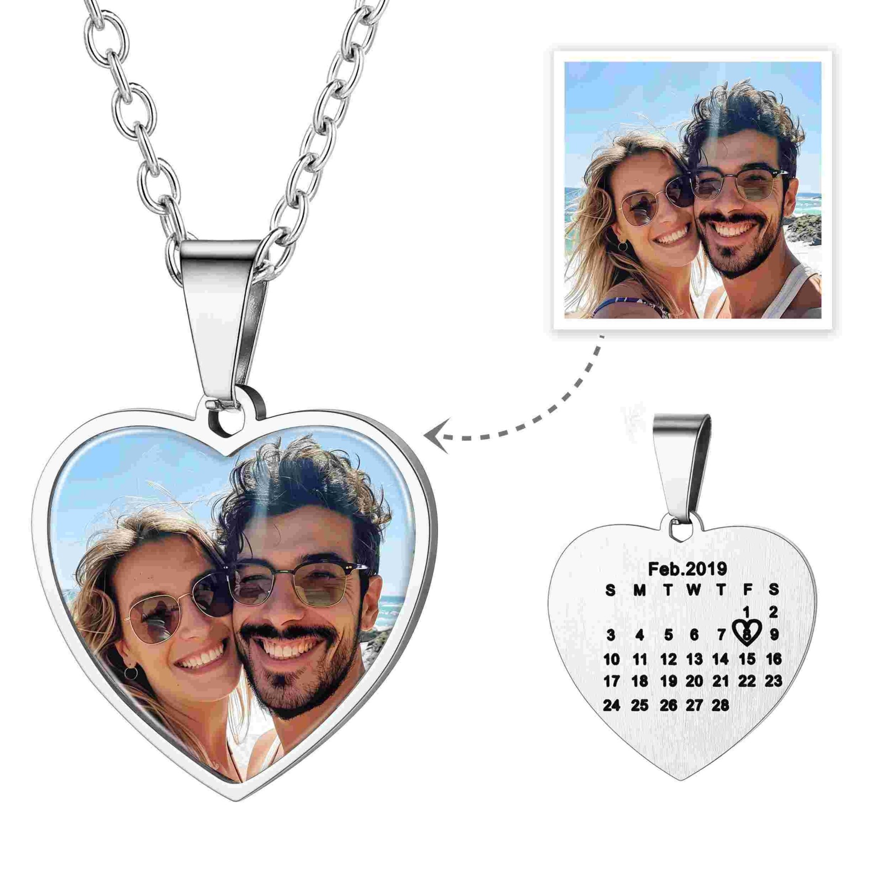 Collier Cœur avec Photo et Calendrier Gravé Personnalisé