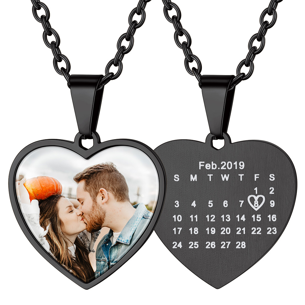 Collier Cœur avec Photo et Calendrier Gravé Personnalisé Noir