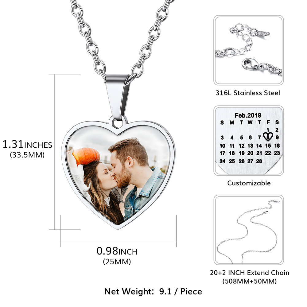 Collier Cœur avec Photo et Calendrier Gravé Personnalisé Taille