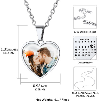 Collier Cœur avec Photo et Calendrier Gravé Personnalisé Taille