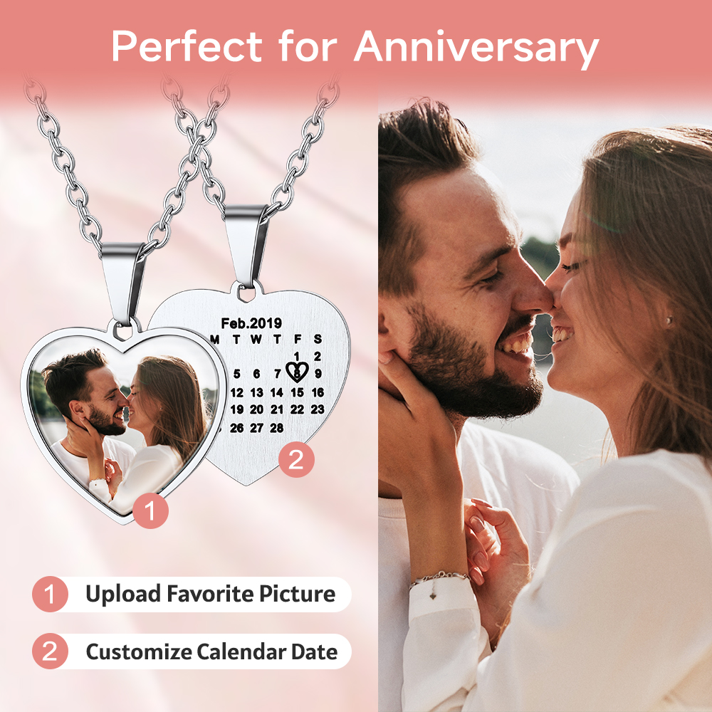 Collier Cœur avec Photo et Calendrier Gravé Personnalisé - Cadeau anniversaire