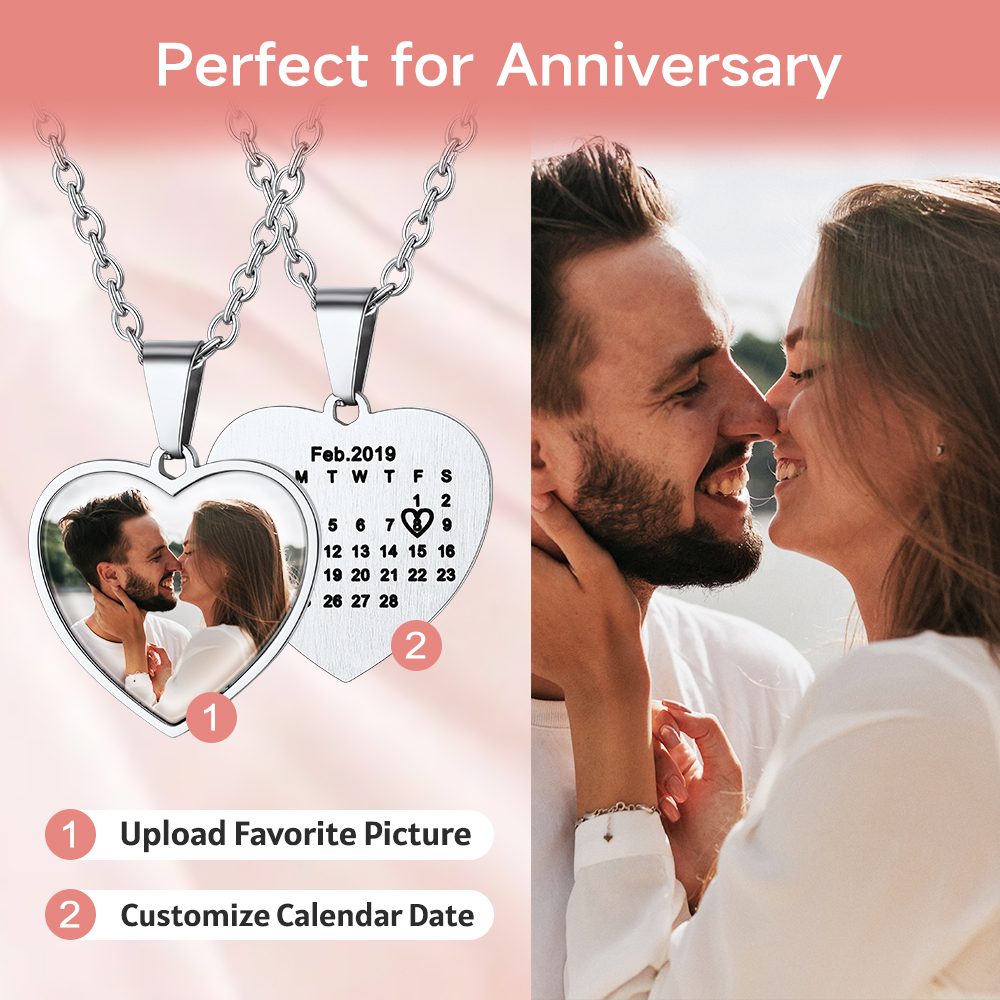 Collier Cœur avec Photo et Calendrier Gravé Personnalisé - Cadeau anniversaire