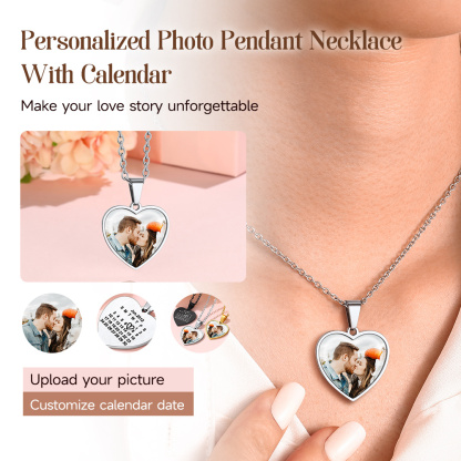 Collier Cœur avec Photo et Calendrier Gravé Personnalisé pour Femme