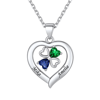 Collier Cœur avec Trèfle à Quatre Feuilles et Pierre de Naissance 