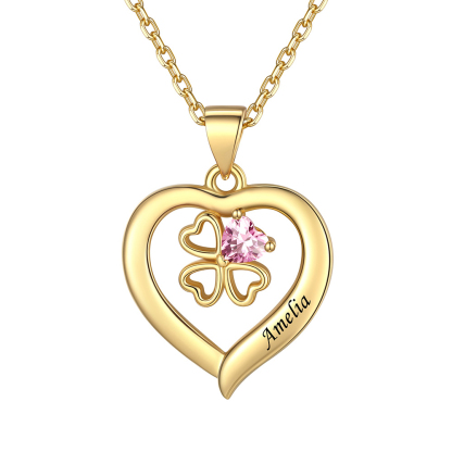 Collier Cœur avec Trèfle à Quatre Feuilles et Pierre de Naissance 