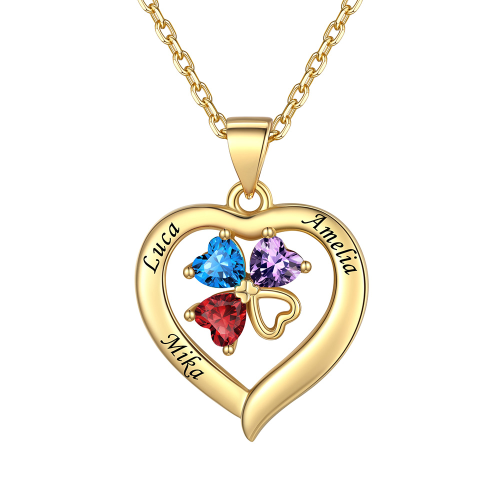 Collier Cœur avec Trèfle à Quatre Feuilles et Pierre de Naissance 