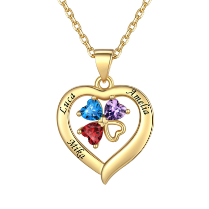 Collier Cœur avec Trèfle à Quatre Feuilles et Pierre de Naissance 