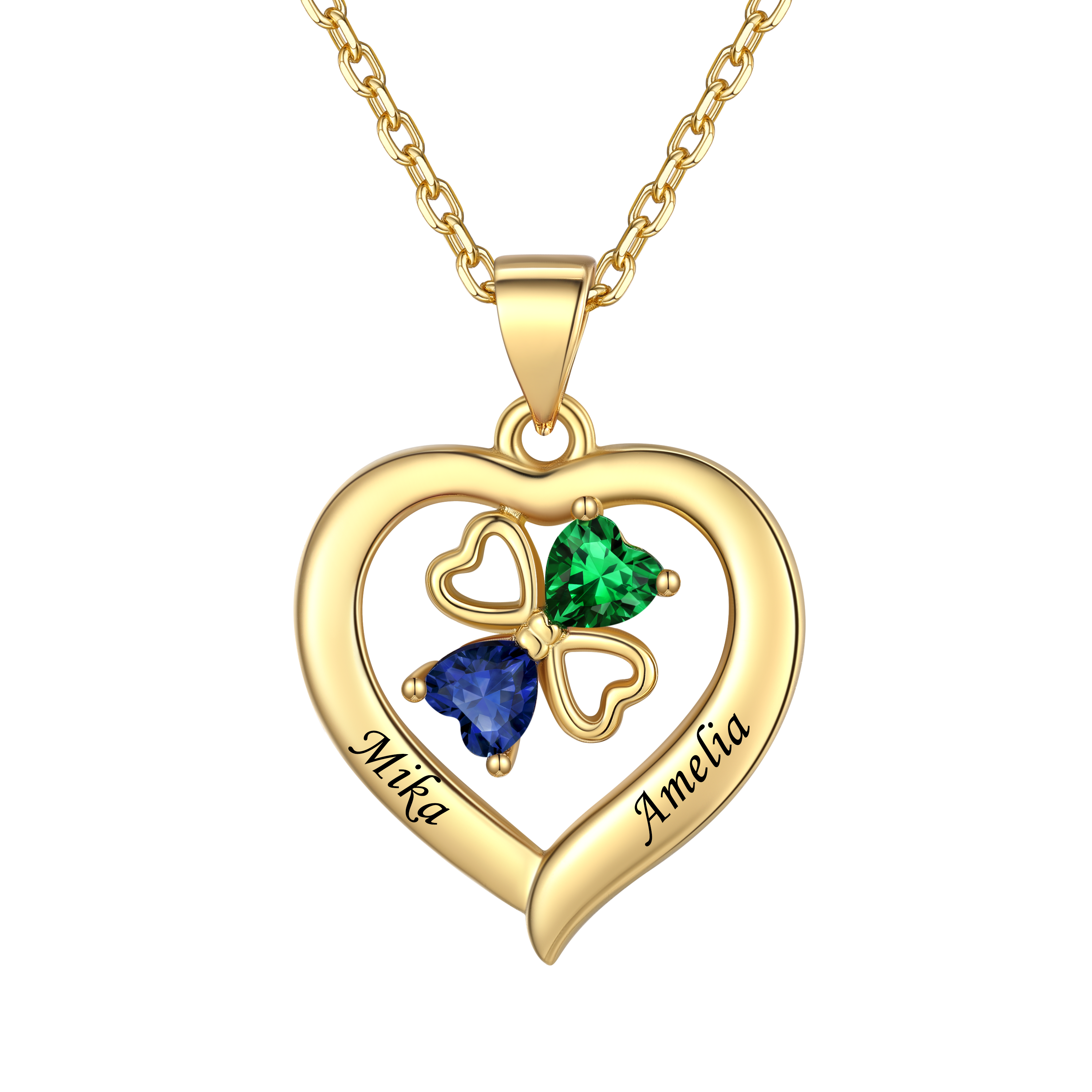 Collier Cœur avec Trèfle à Quatre Feuilles et Pierre de Naissance 