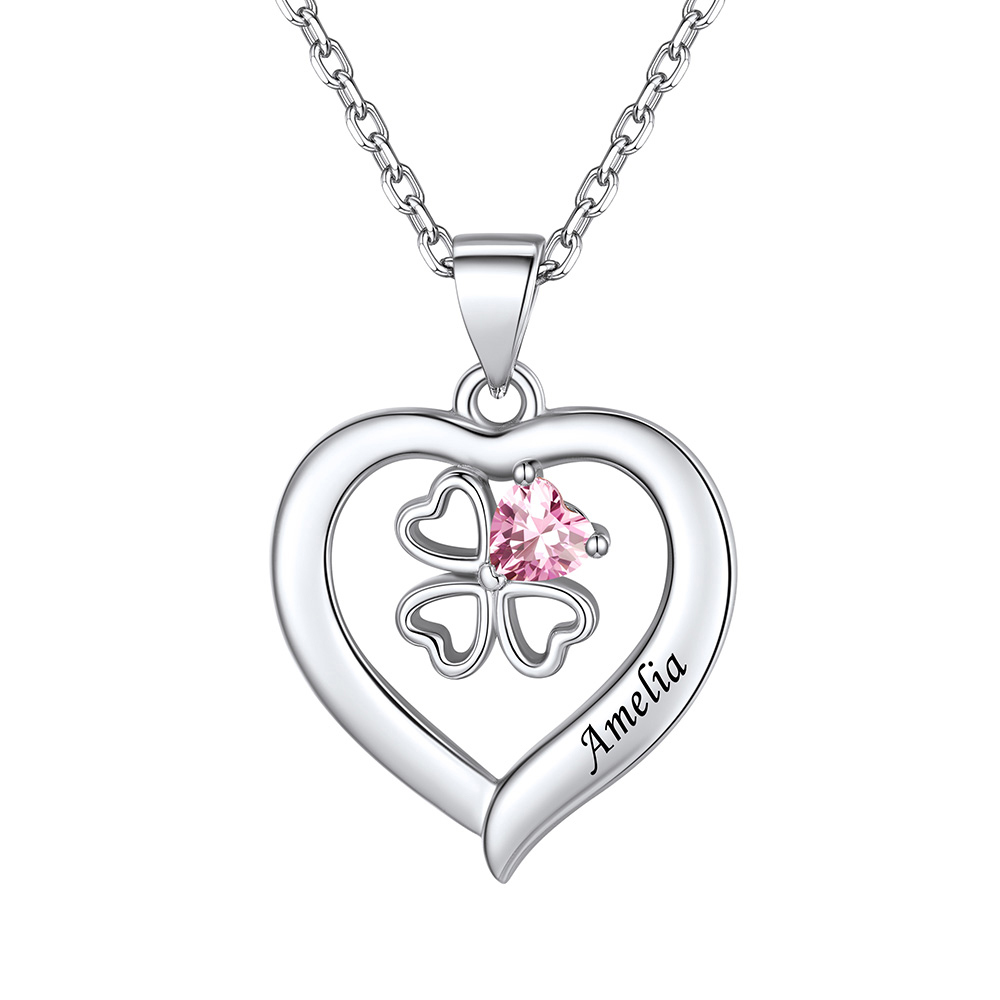 Collier Cœur avec Trèfle à Quatre Feuilles et Pierre de Naissance 