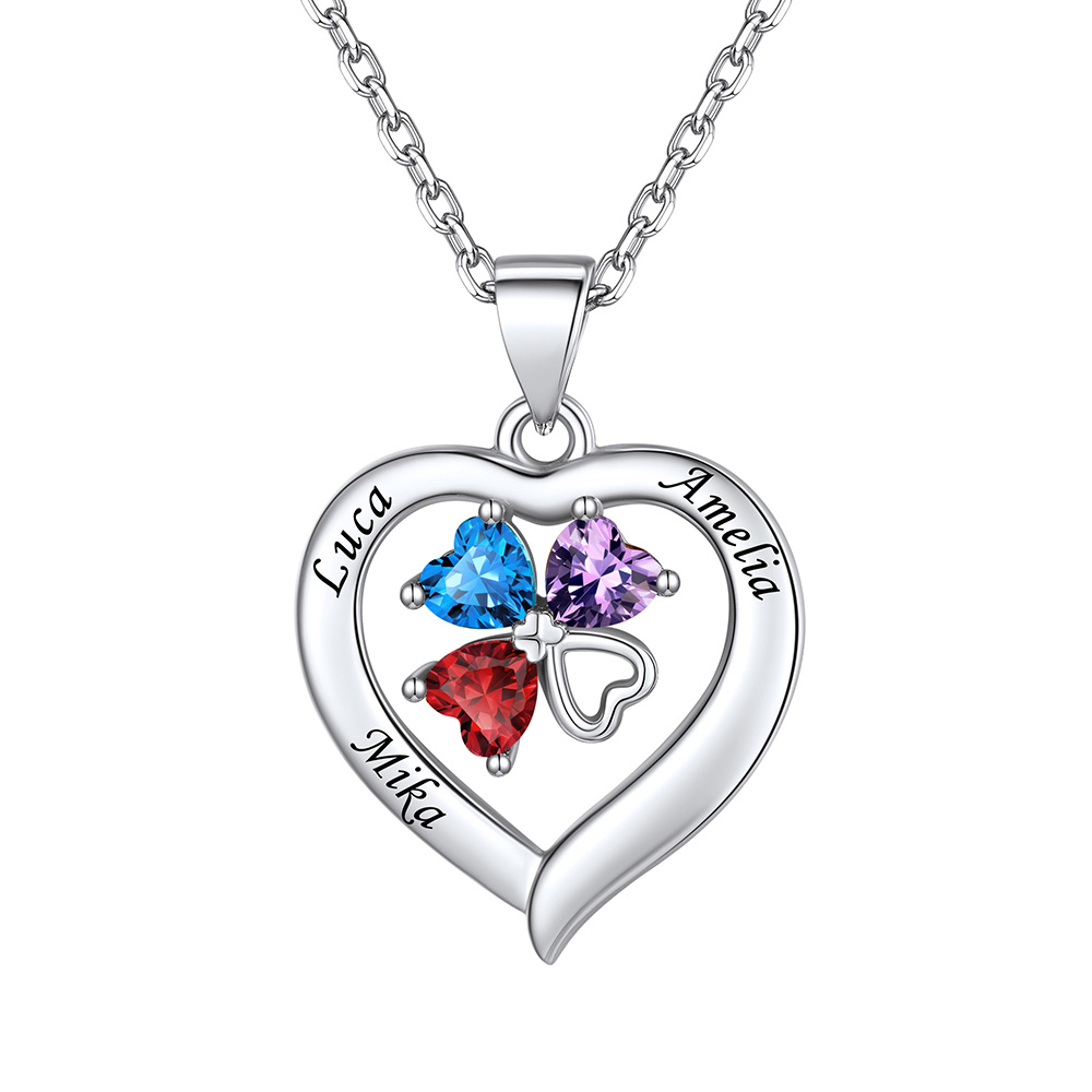 Collier Cœur avec Trèfle à Quatre Feuilles et Pierre de Naissance 