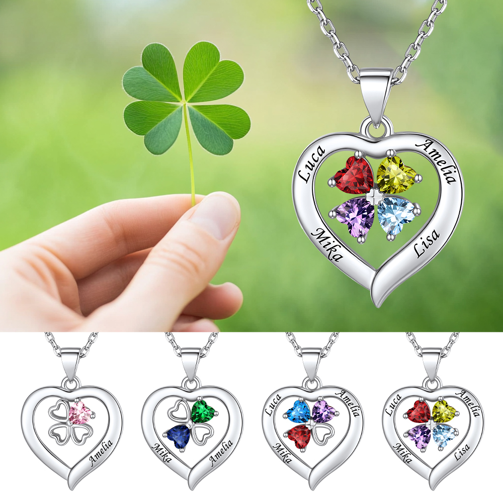 Collier Cœur avec Pierre de Naissance et Trèfle à Quatre Feuilles