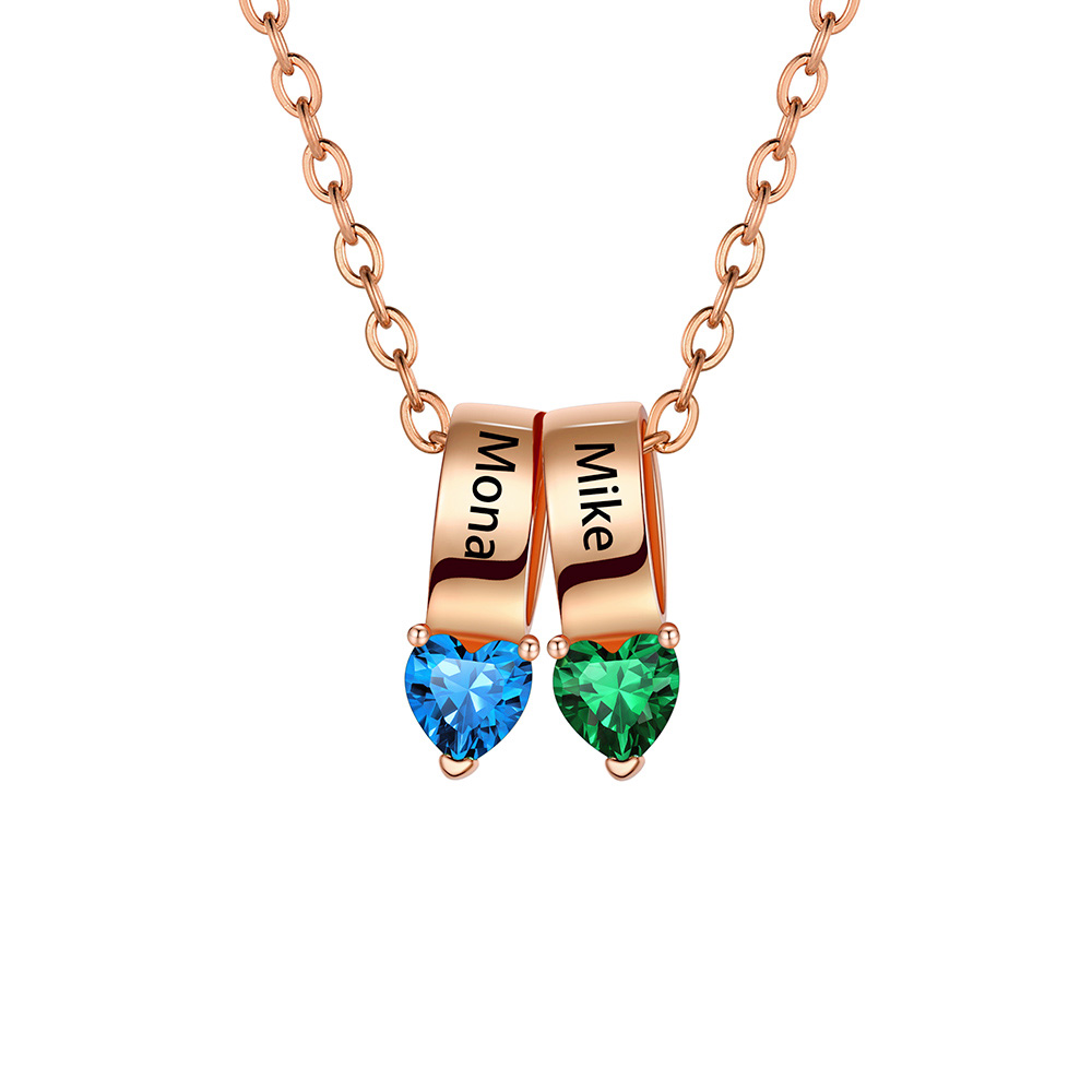Collier Cœur avec 2 Pierres de Naissance et Noms Personnalisés pour Maman Or Rose